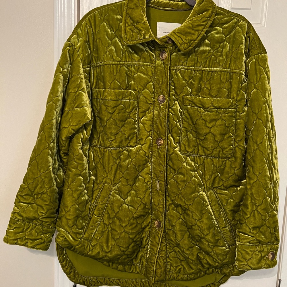 Anthropologie quilted velvet, chartreuse green, Shirt jacket